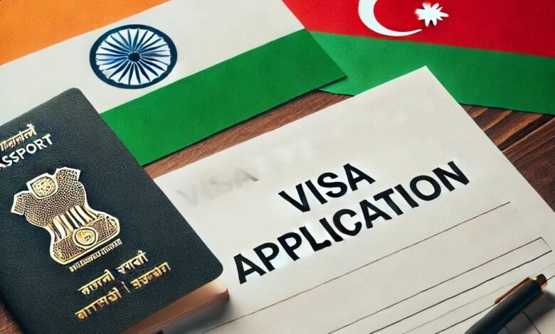 Indian passport, Azerbaijan and India flags, and a visa application form with a pen.