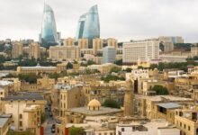 View of the Flame Towers and Caspian Sea promenade, iconic landmarks among Baku tourist attractions in Azerbaijan's capital