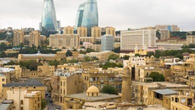 View of the Flame Towers and Caspian Sea promenade, iconic landmarks among Baku tourist attractions in Azerbaijan's capital