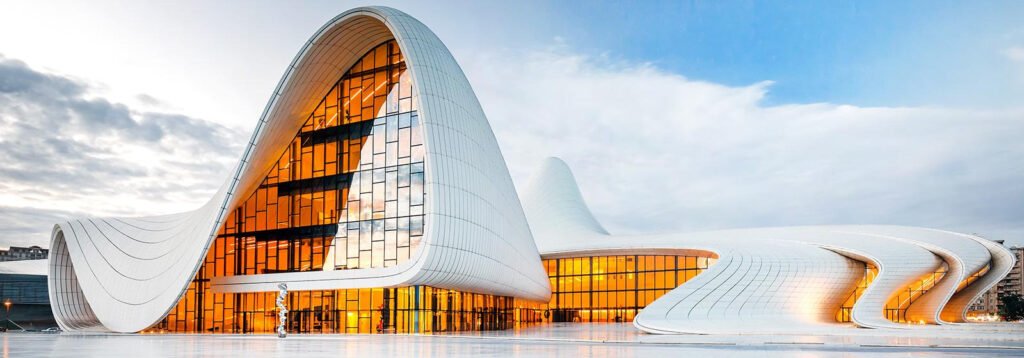 "Exterior view of the Heydar Aliyev Center in Baku