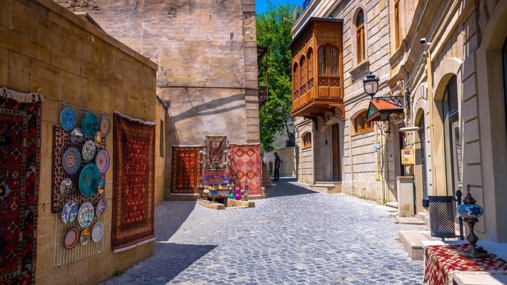 Cobblestone streets and ancient buildings in Icheri Sheher, Baku's historic Old City.