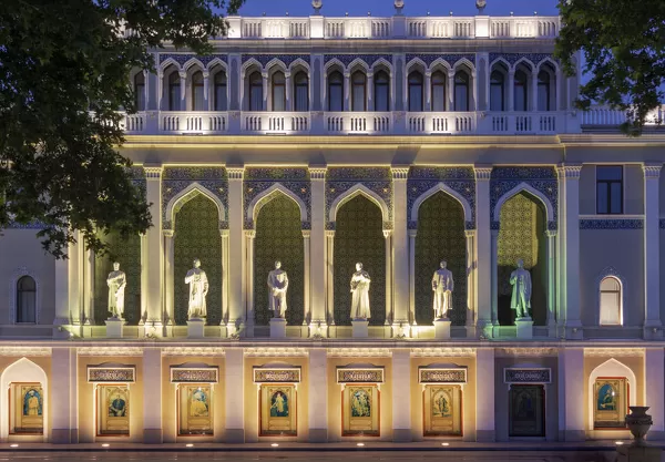 Exterior view of the Nizami Museum of Azerbaijani Literature in Baku, featuring classical architecture.